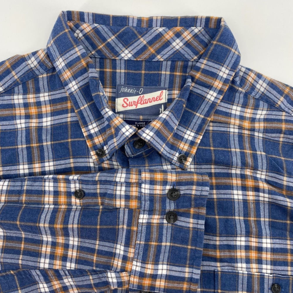 Johnnie-O Surflannel Shirt Men's XL Blue Orange Plaid Stretch Cotton Button Down